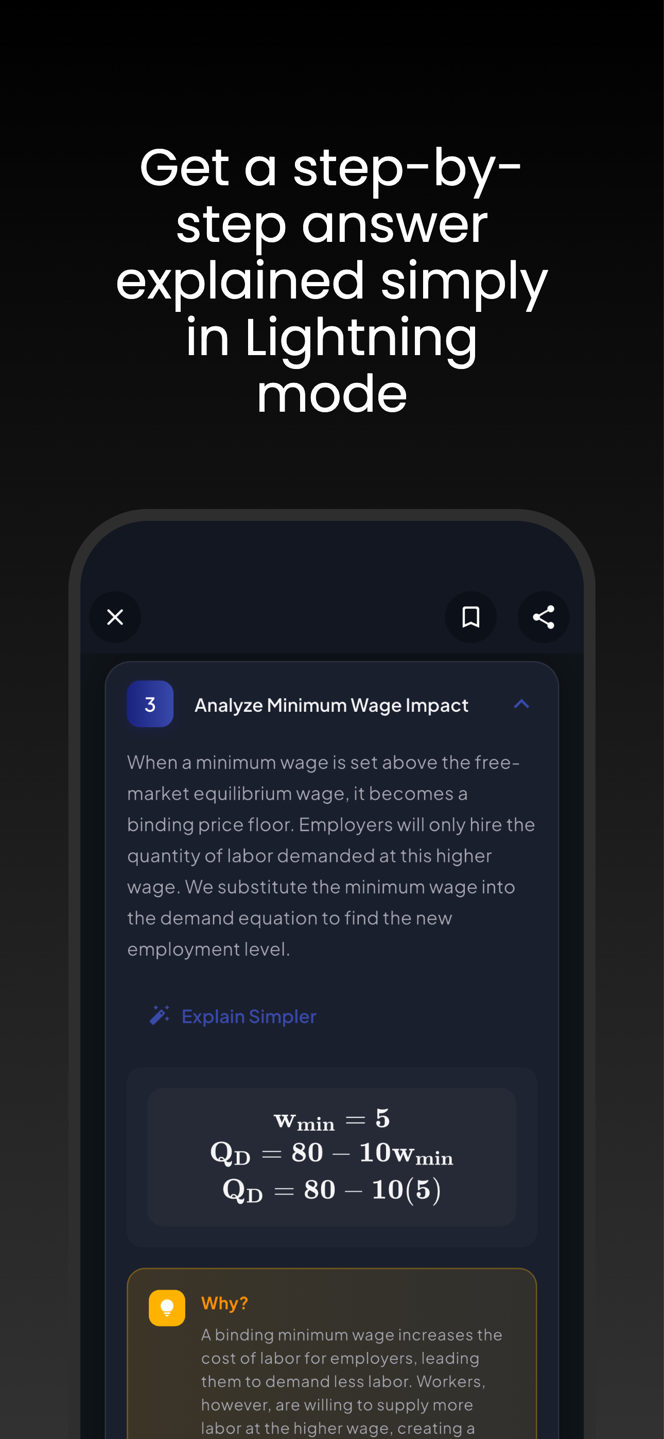 Lightning mode showing step-by-step solution with equations