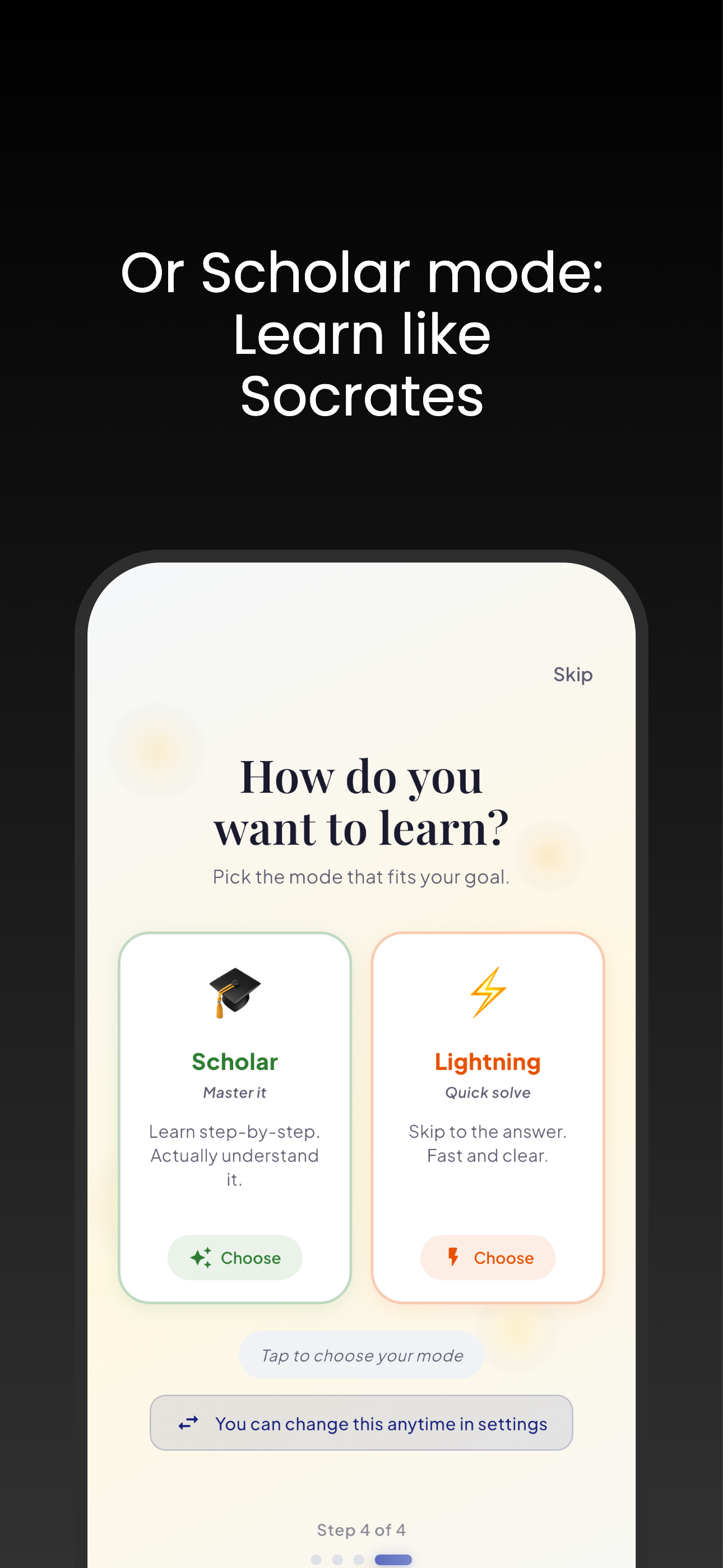 Scholar mode selection screen - Learn like Socrates